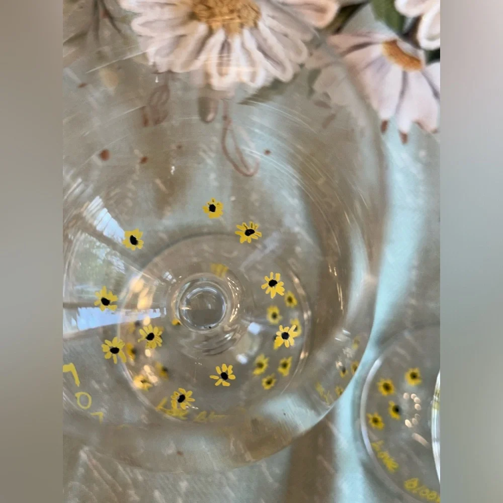 Hand painted Wine Glasses NWT “Love Blooms “ set of two with yellow daisys